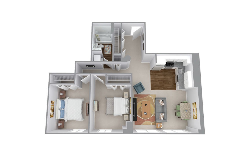 Lindel - 2 bedroom floorplan layout with 1 bath and 908 square feet.